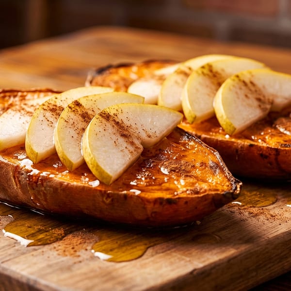Two baked sweet potatoes topped with sliced pears, cinnamon, and honey on a wooden board.