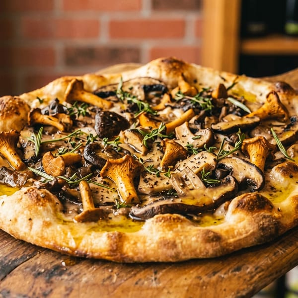 Gourmet mushroom pizza with chanterelles, herbs, and olive oil on a wooden peel.
