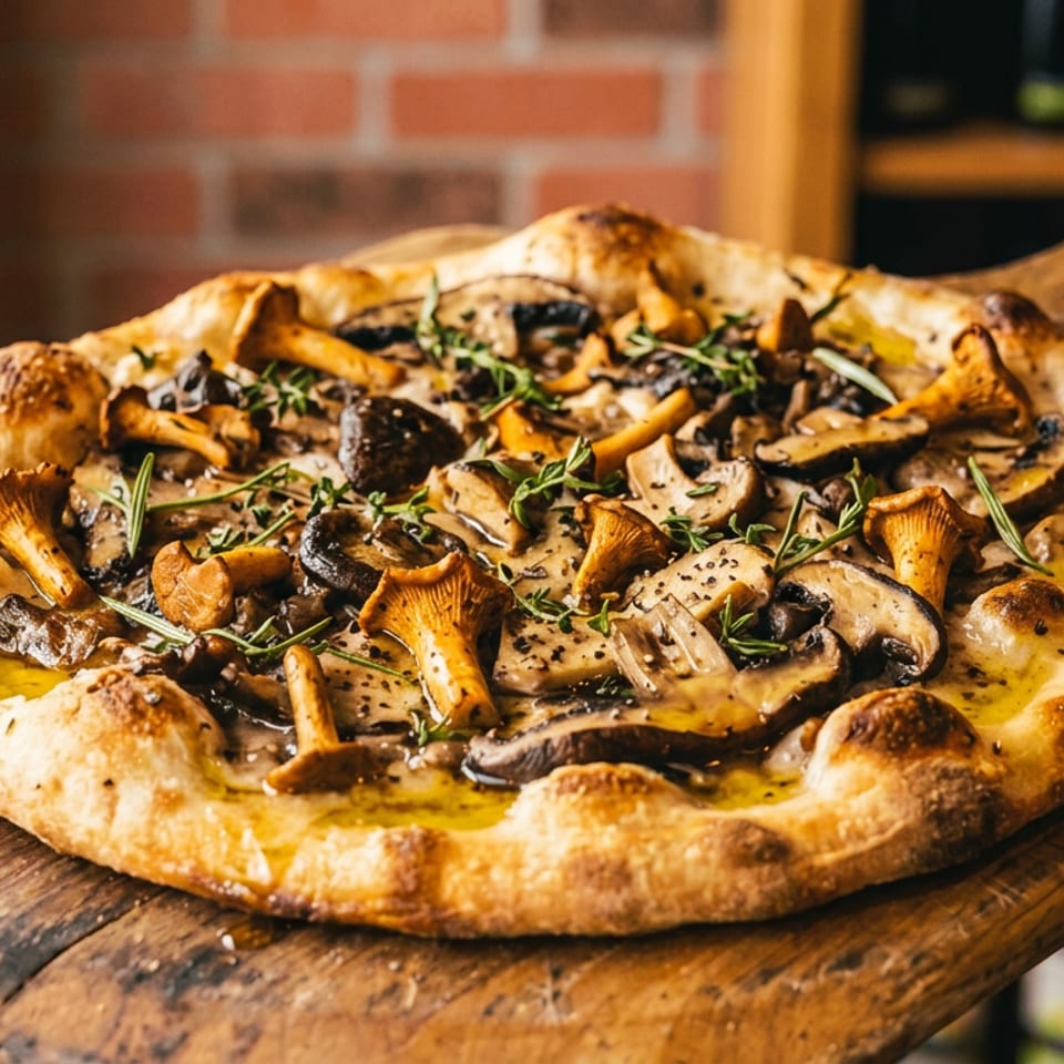 Gourmet mushroom pizza with chanterelles, herbs, and olive oil on a wooden peel.