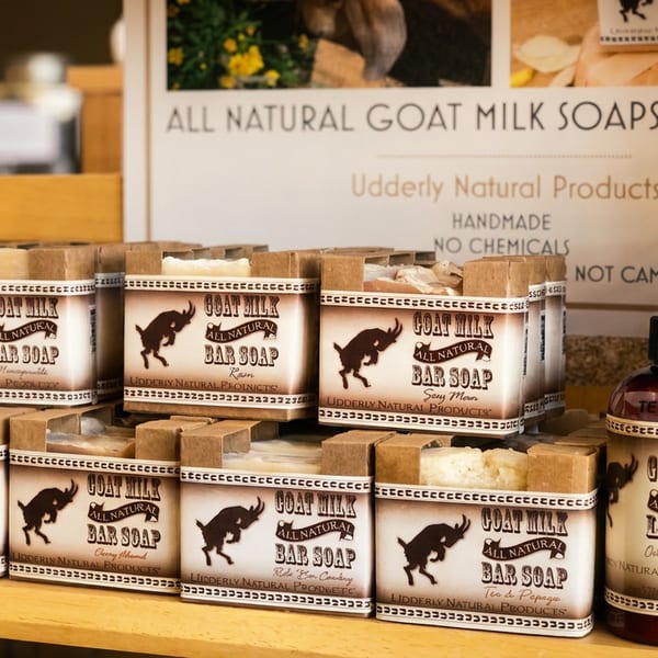 Display of Udderly Natural Products goat milk bar soaps and lotions on wooden shelves.