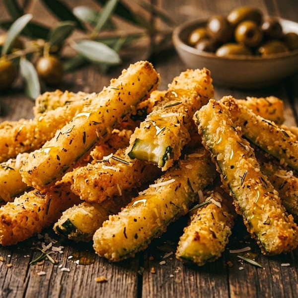Crispy zucchini fries with herbs and cheese, olive branch, and oil pitcher on a wooden table.