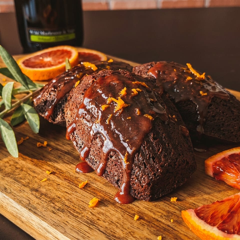 Chocolate loaves with orange glaze and zest, blood orange slices, and olive branch on a wooden board.
