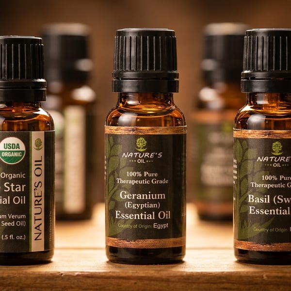 Three amber bottles of Nature's Oil essential oils: Anise Star, Geranium, and Basil.
