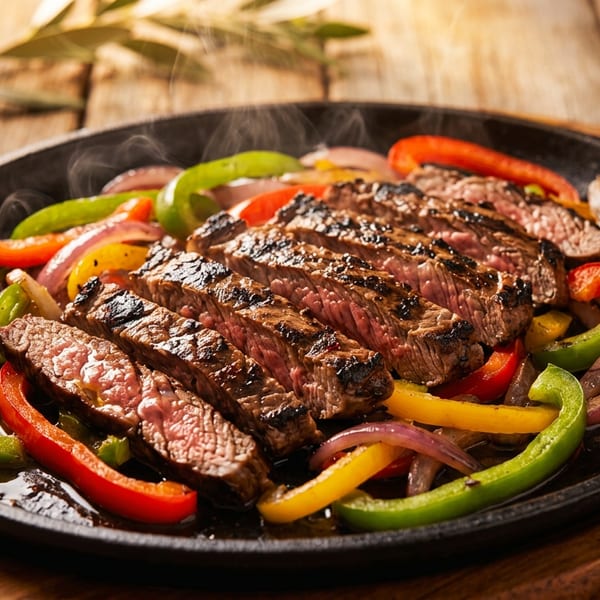 Sizzling steak fajitas with colorful bell peppers and onions in a cast iron skillet.