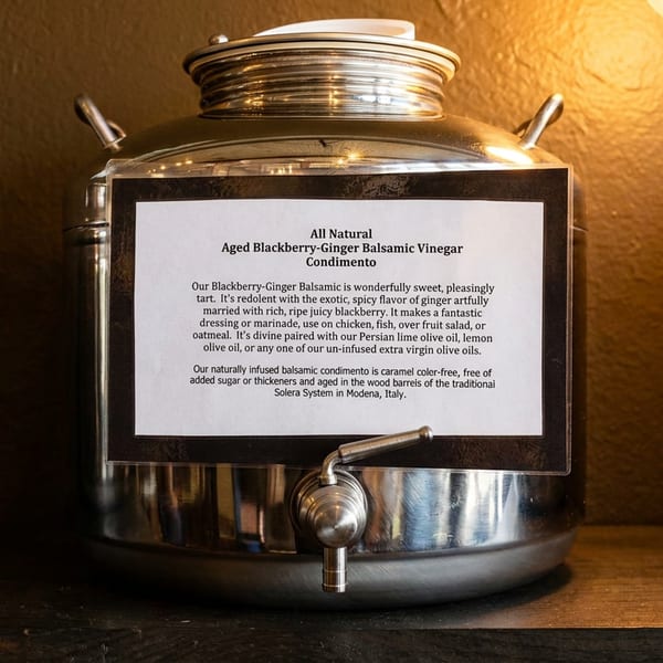 A stainless steel dispenser with a label for "Aged Blackberry-Ginger Balsamic Vinegar Condimento" on a dark shelf.
