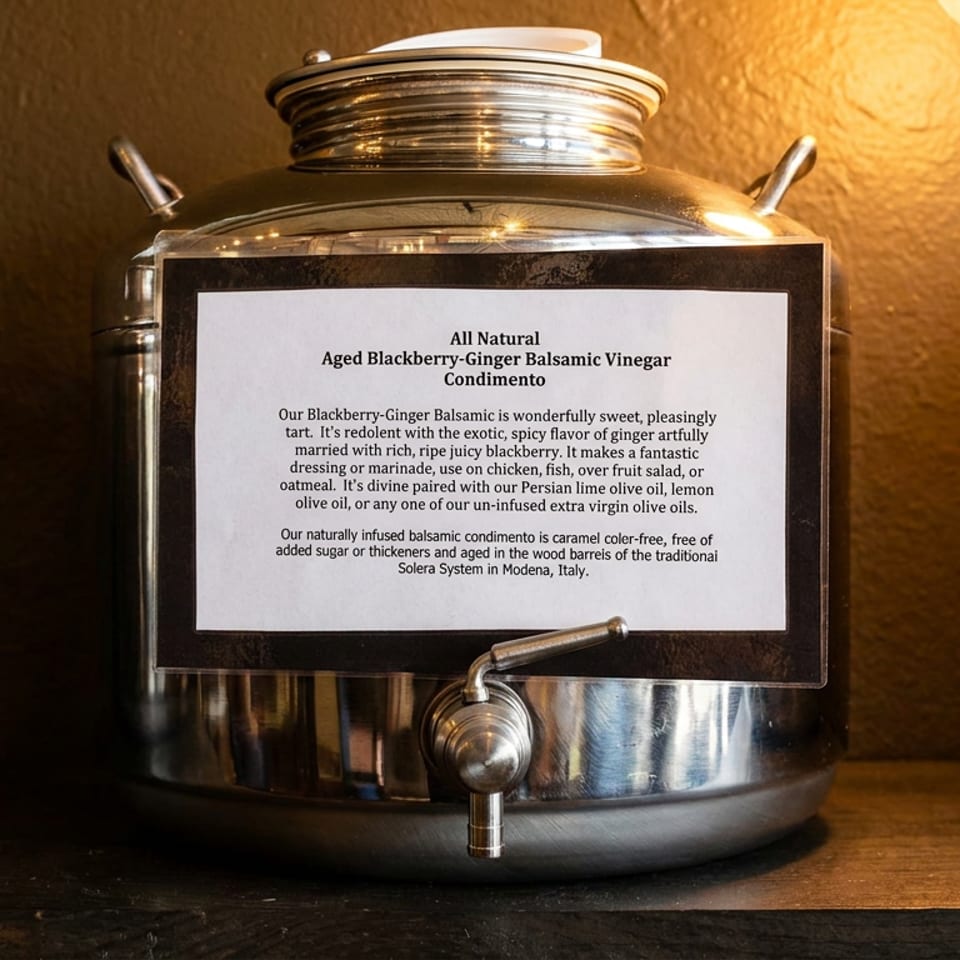 A stainless steel dispenser with a label for "Aged Blackberry-Ginger Balsamic Vinegar Condimento" on a dark shelf.