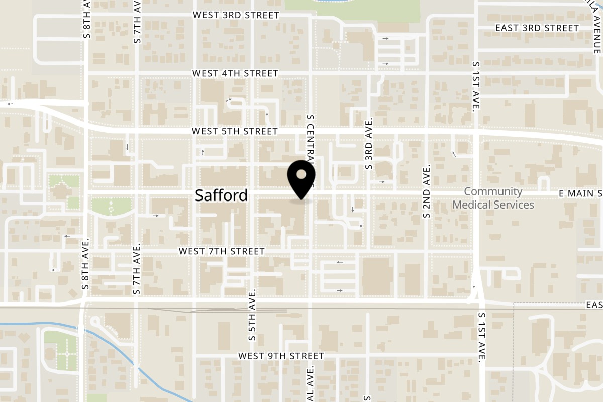 Map showing the location of Ginaveve's Market Place & The Main Street Bean on 401 W Main St in Safford